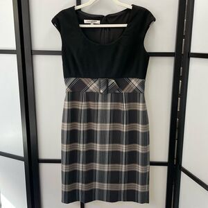 [6] Evan Picone Neutral Tone Plaid Sleeveless Belted Midi Dress Black Tan & Grey